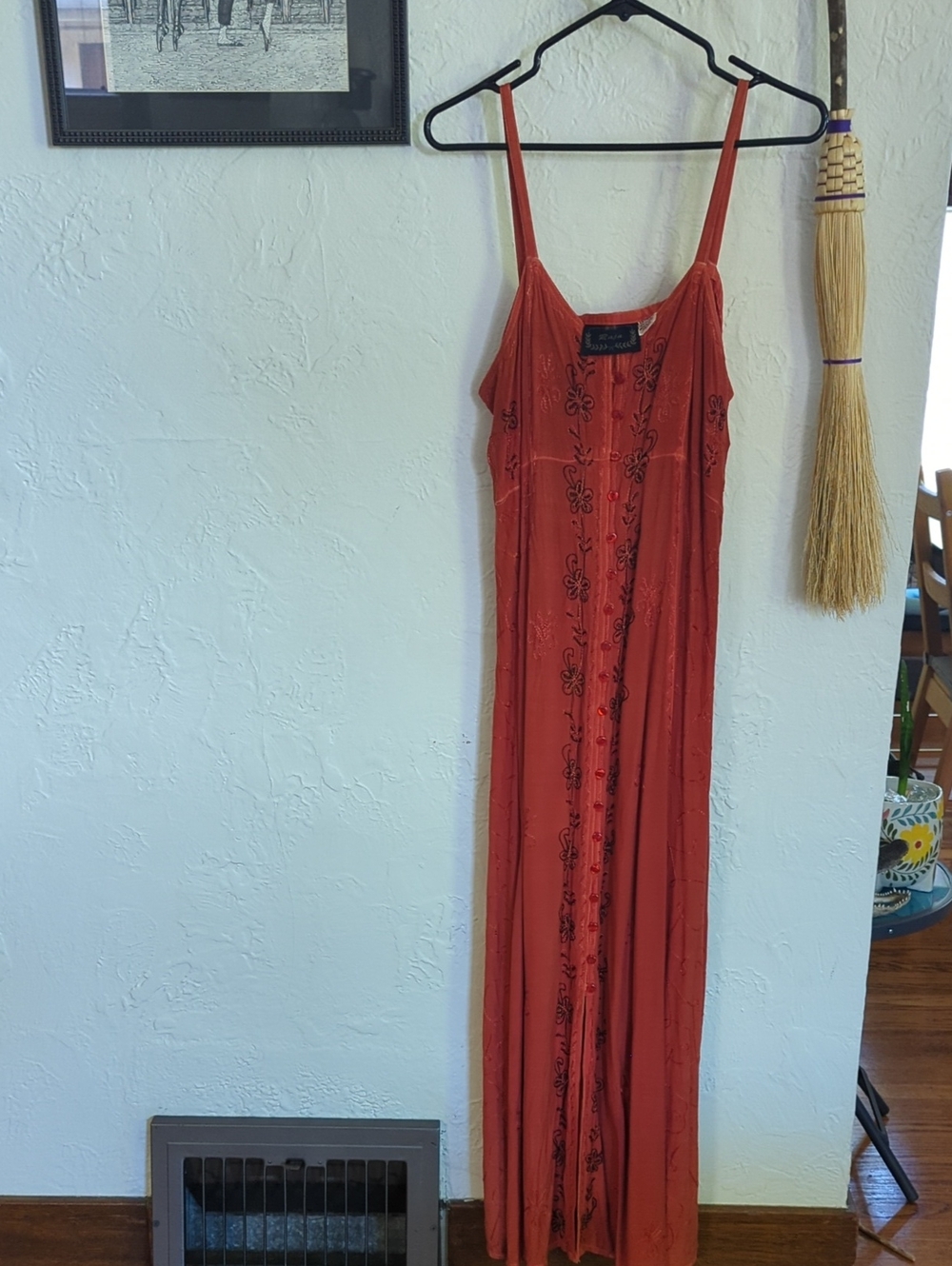 90's Hippie Boho Rust Maxi Dress with Embroidered Detail